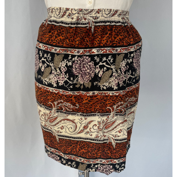 Vintage Dresses & Skirts - Vintage Mini Skirt Size 14 Black Brown Mix Print Cheetah Floral Boho Pull On 90s